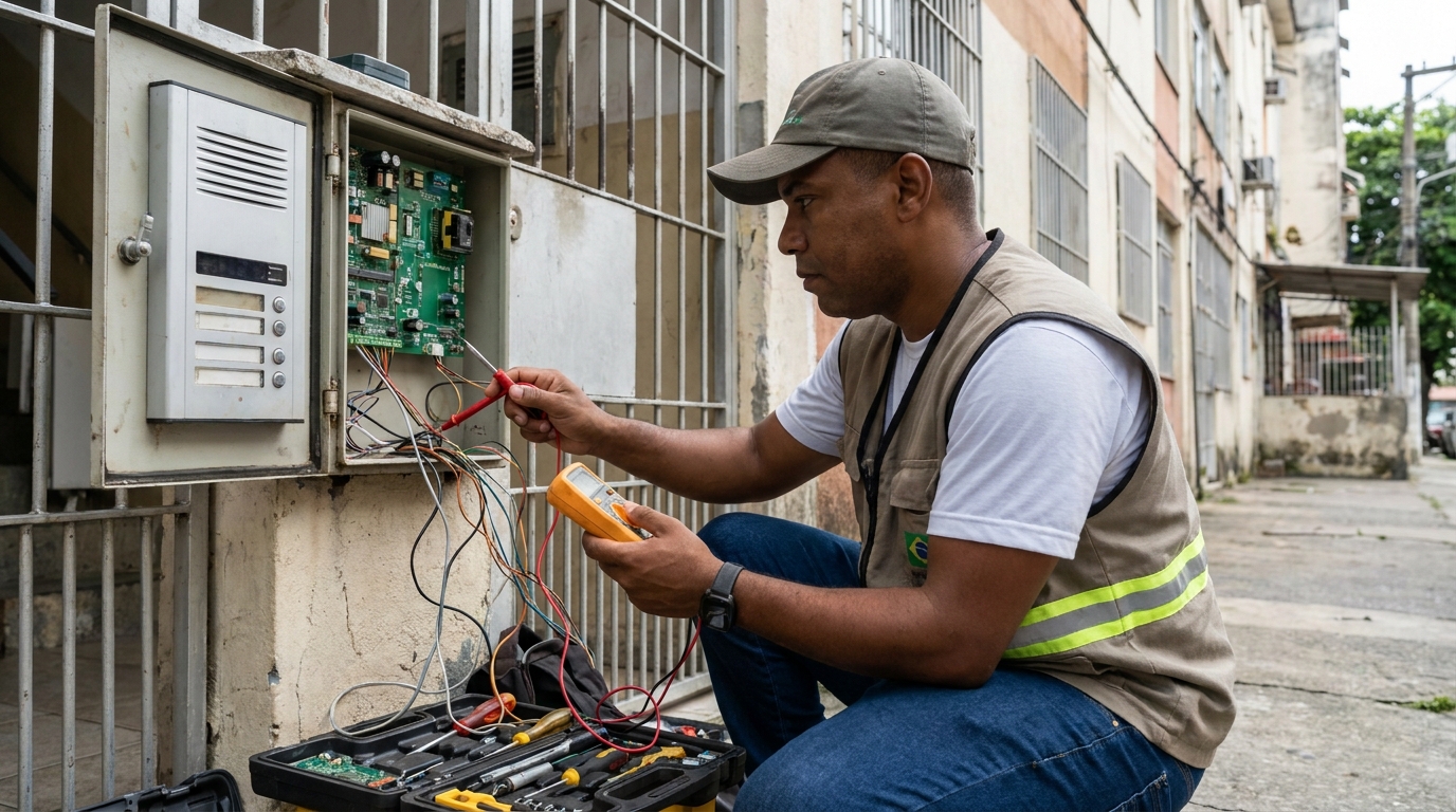 Eletricista consertando interfone em Divinópolis‑MG