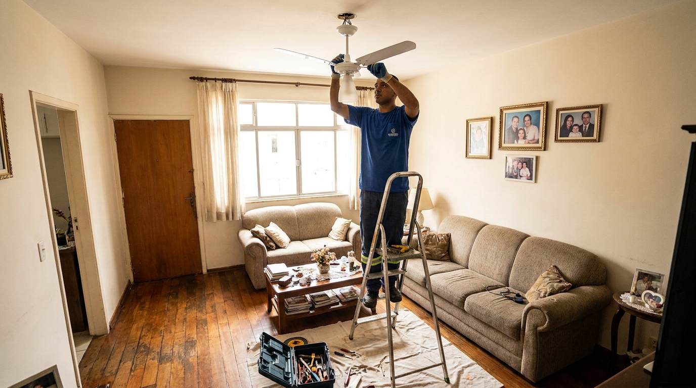 Eletricista instalando ventilador de teto em Divinópolis‑MG